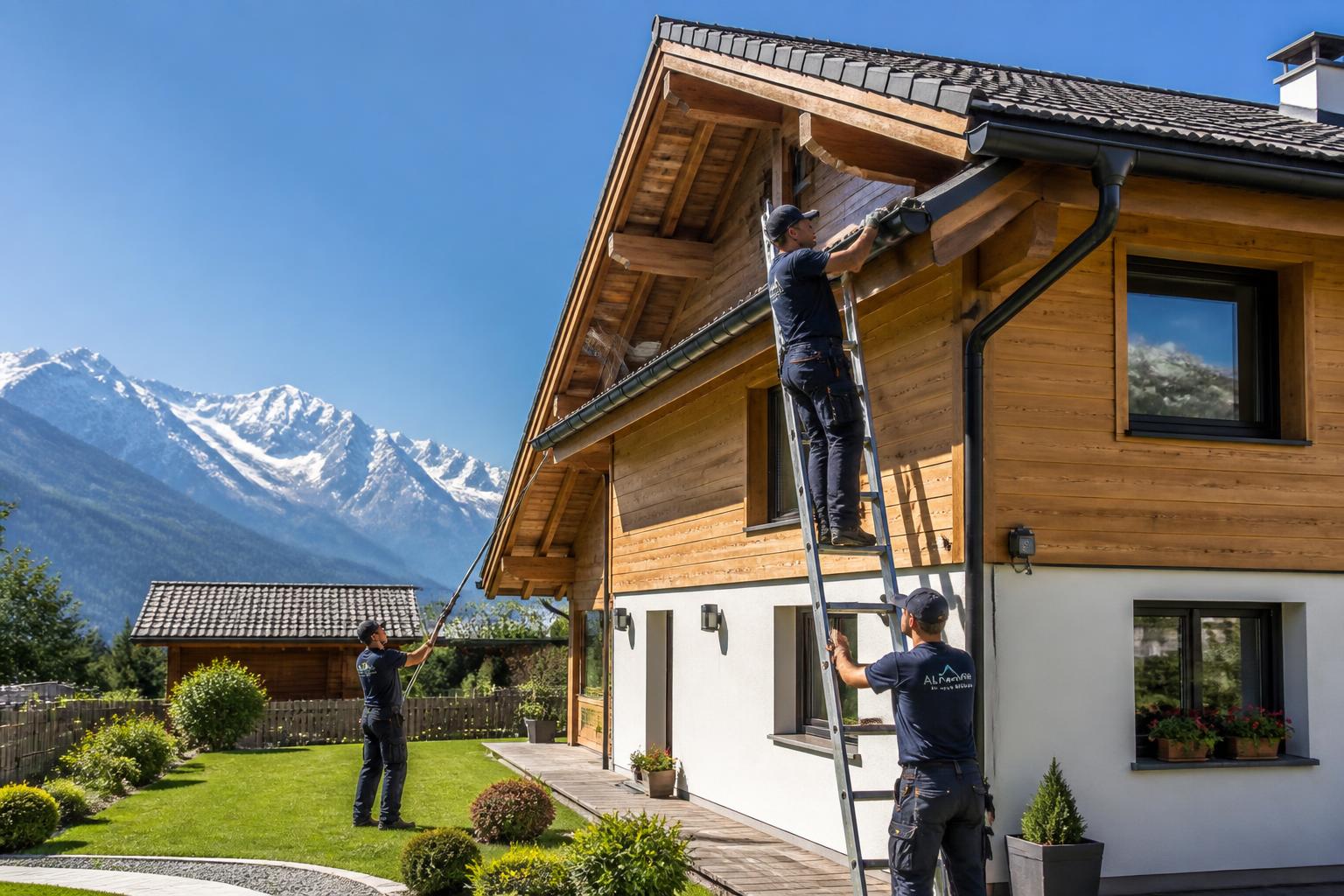 Équipe DC PRO NET entretenant l'extérieur d'une maison en Haute-Savoie